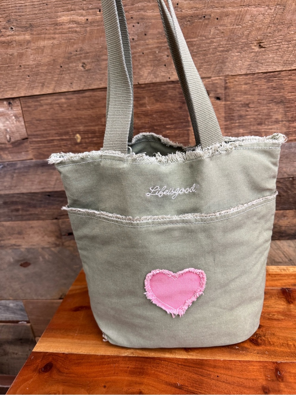 Life Is Good EUC Sage Green Frayed Canvas Tote Bag Pink Heart Embroidered